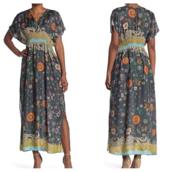 NWT Johnny Was Baize Silk Maxi Floral Dress S Multi Slip Vneck Smocked Slit - Picture 4 of 13